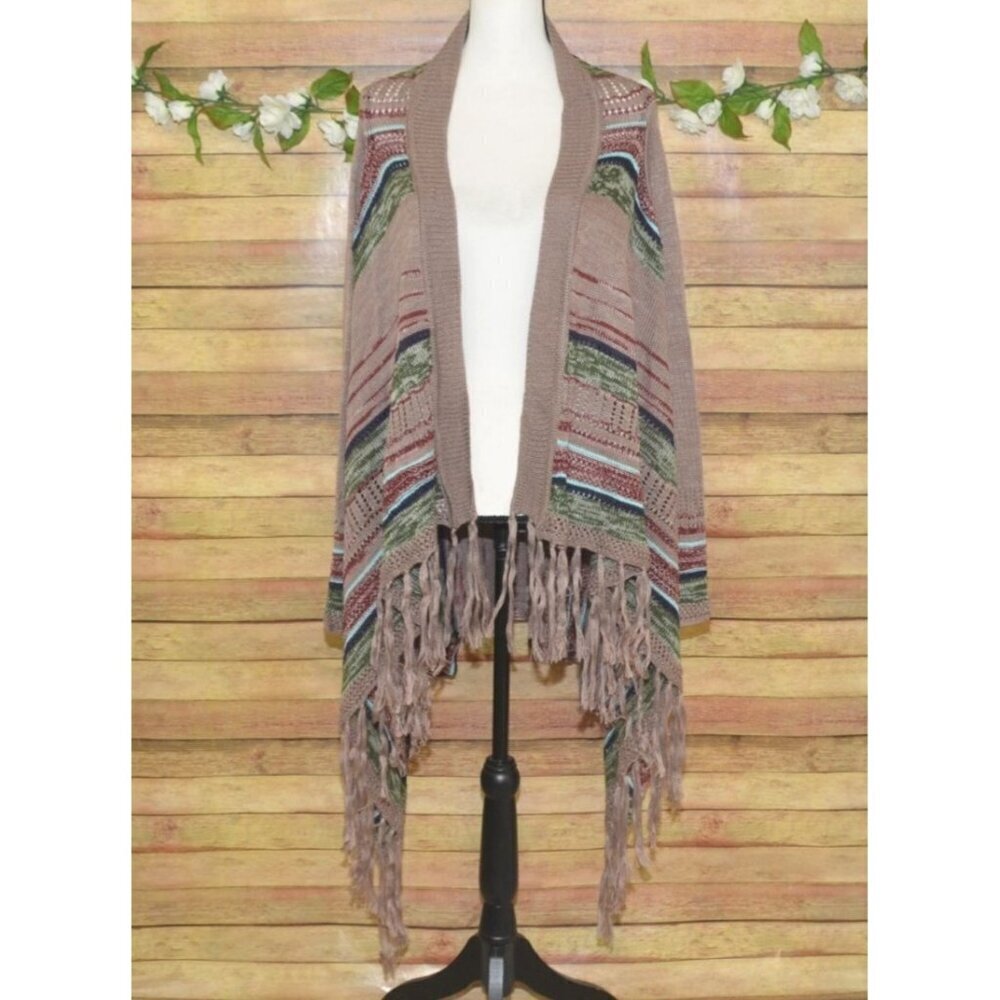 NWT Umgee Open Front Boho Fringe Cardigan Sweater Size M Fringe Long Sleeve Neut